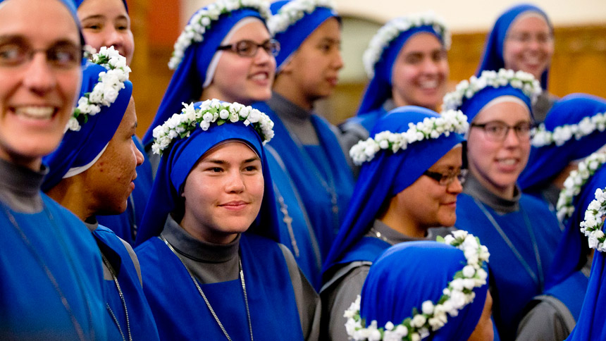 Sisters of the Servants of the Lord and the Virgin of Matara are seen after the ceremony where they professed vows at Holy Comforter-St. Cyprian Catholic Church in Washington Nov. 1, 2017. National Vocations Awareness Week is Nov. 7-13, 2021. (CNS photo/Tyler Orsburn)