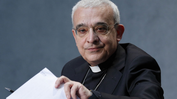 Archbishop Filippo Iannone, president of the Pontifical Council for Legislative Texts, attends a press conference to discuss revisions to the Code of Canon Law, at the Vatican June 1, 2021. Pope Francis has promulgated a revised section of the Code of Canon Law dealing with crimes and punishments. (CNS photo/Paul Haring)