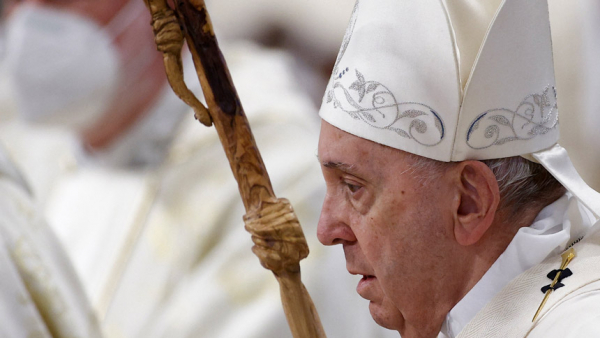 Pope Francis arrives to celebrate Mass marking the feast of Mary, Mother of God, in St. Peter's Basilica at the Vatican Jan. 1, 2022. (CNS photo/Guglielmo Mangiapane, Reuters)