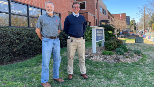 (Left) Mike Watson, a retired principal, is a mentor to Patrick Kurz (right), a new principal in the diocese.